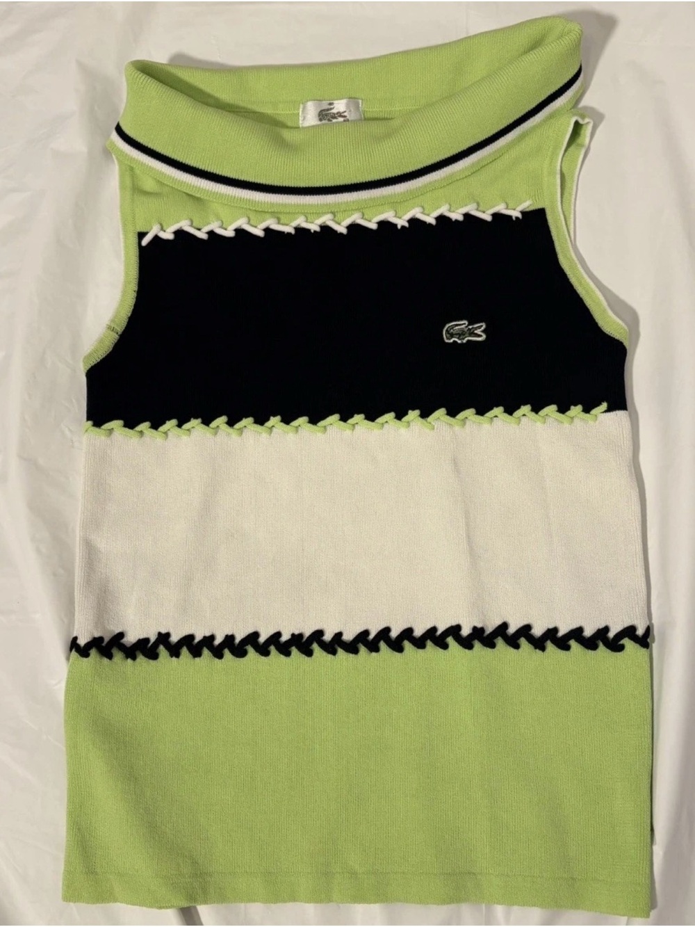 Vintage LACOSTE Asymmetrical tennis Sweater Green Black White Sz S Rare